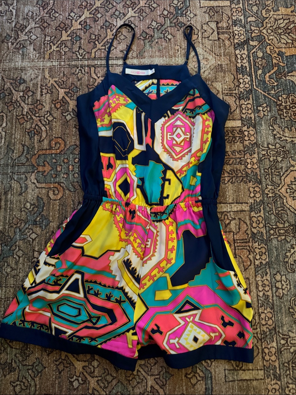 Alice & Trixie Colorful Geometric Print Romper with Navy Trim
